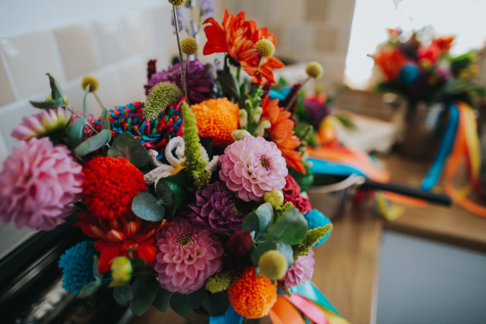 Colourful Floral Flowers Bouquet Pom Pom Ribbon Waxham Great Barn Wedding Joshua Patrick Photography