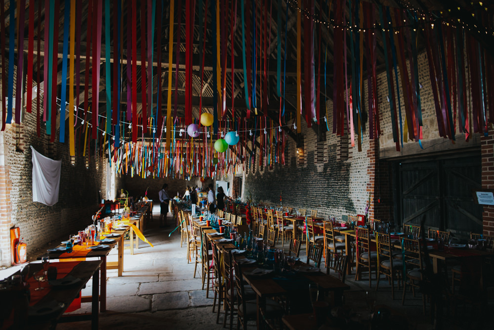 Barn Ribbon Streamers Colourful Multicoloured Decor Waxham Great Barn Wedding Joshua Patrick Photography