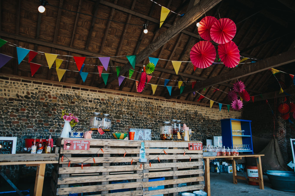 Pallet Bar Bunting Pin Wheels Colourful Multicoloured Waxham Great Barn Wedding Joshua Patrick Photography