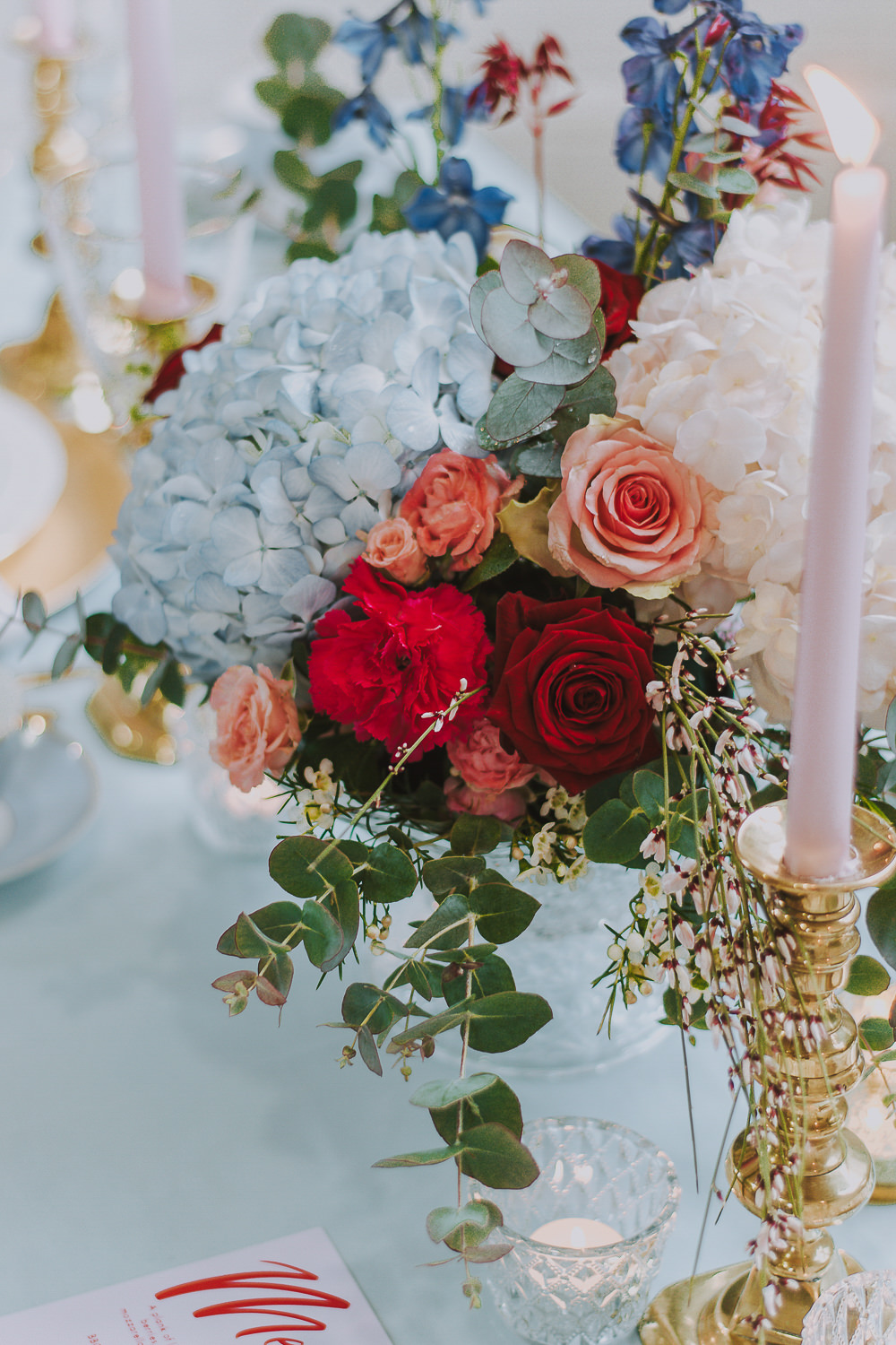 Table Flowers Centrepiece Red Pink Blue Hydrangea Rose Wes Anderson William Morris Wedding Ideas Jessica Hill Photography