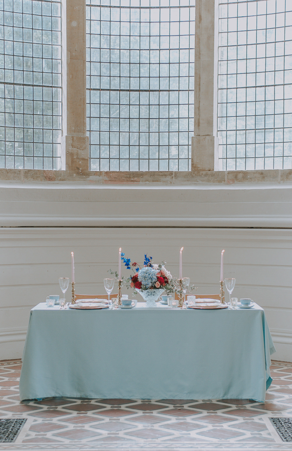 Table Tablescape Decor Decoration Blue Cloth Pink Candles Gold Flowers Wes Anderson William Morris Wedding Ideas Jessica Hill Photography