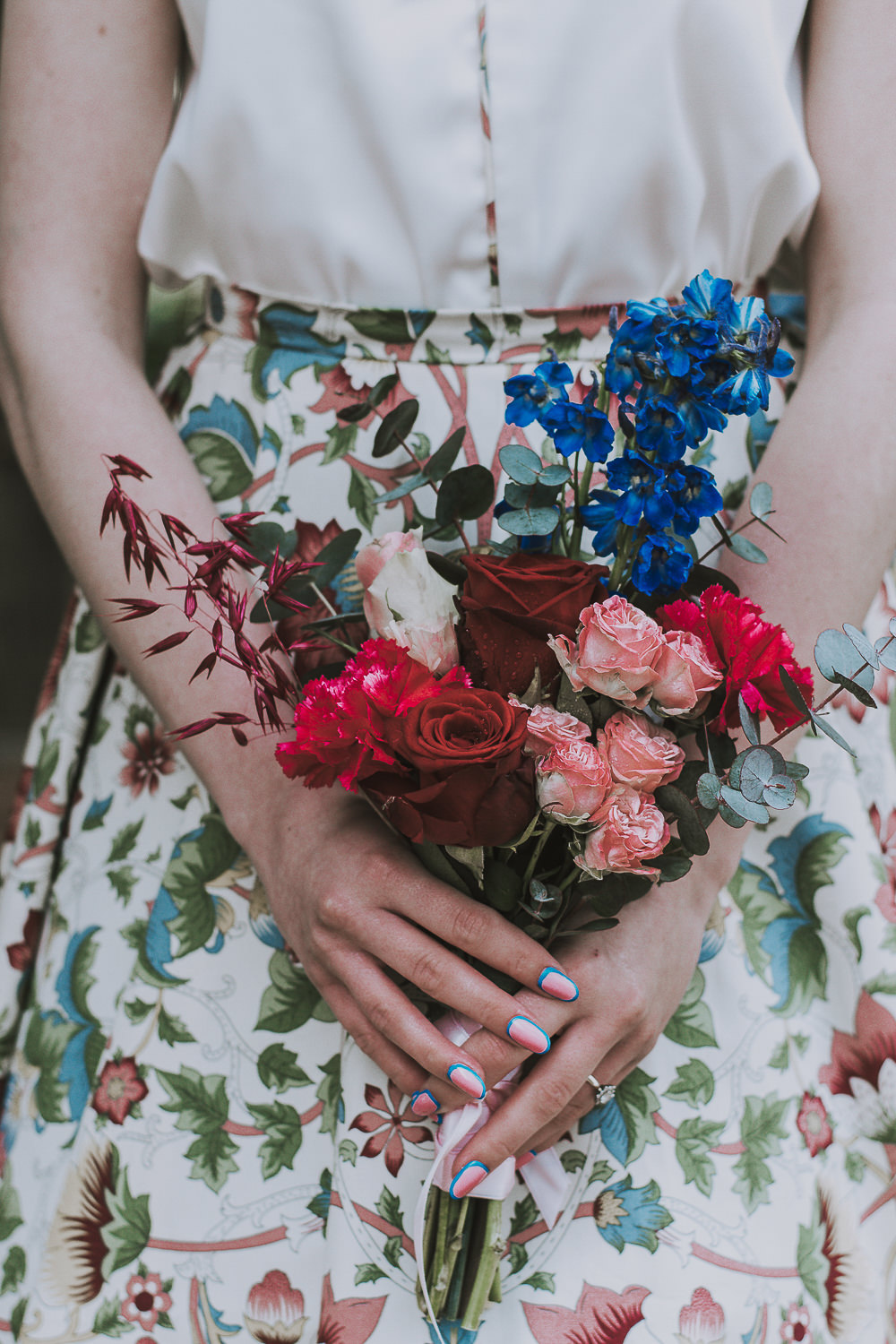 Bouquet Flowers Bridesmaid Red Pink Blue Rose Wes Anderson William Morris Wedding Ideas Jessica Hill Photography