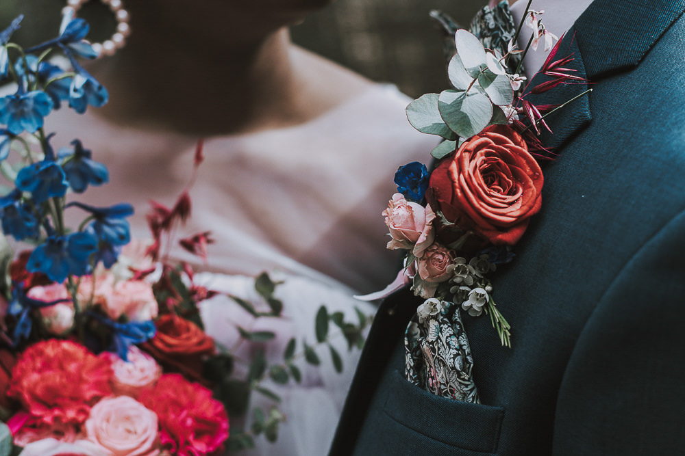 Groom Buttonhole Flowers Red Rose Eucalyptus Wes Anderson William Morris Wedding Ideas Jessica Hill Photography