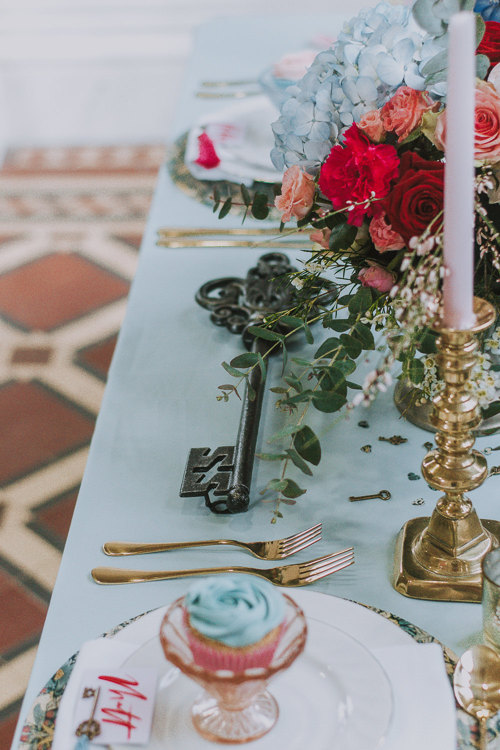 Table Tablescape Decor Decoration Blue Cloth Pink Candles Gold Flowers Wes Anderson William Morris Wedding Ideas Jessica Hill Photography