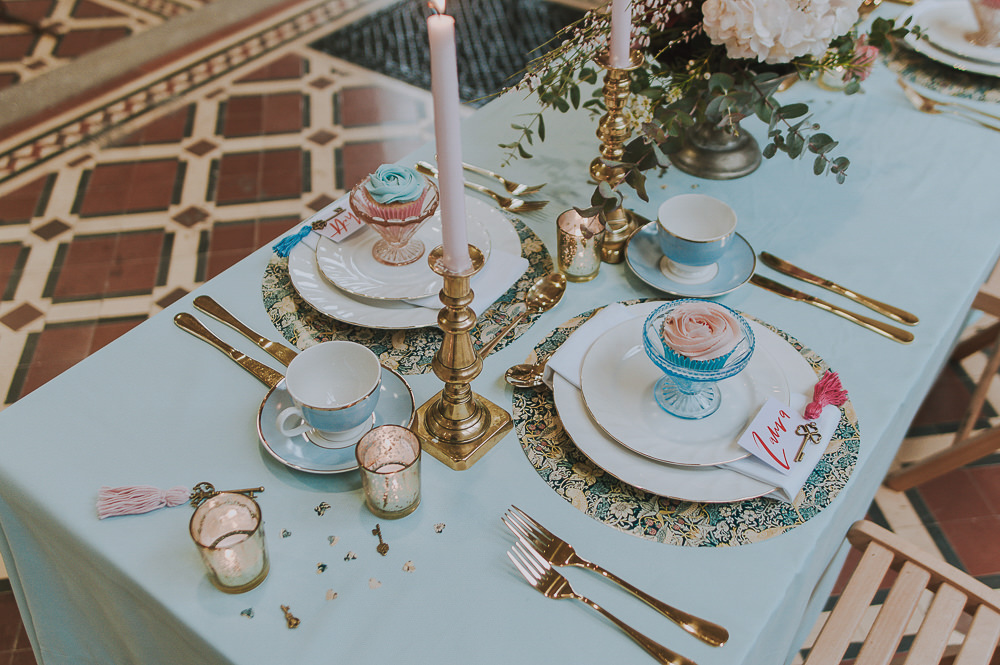 Table Tablescape Decor Decoration Blue Cloth Pink Candles Gold Flowers Wes Anderson William Morris Wedding Ideas Jessica Hill Photography