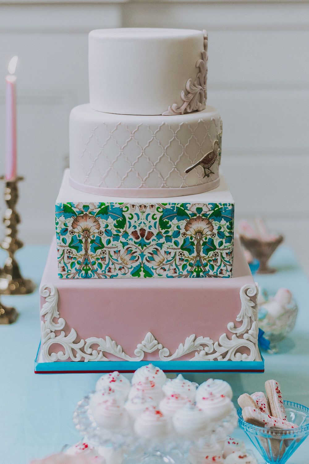 Vintage Cake Painted Square Round Pink Green Red Birds Wes Anderson William Morris Wedding Ideas Jessica Hill Photography
