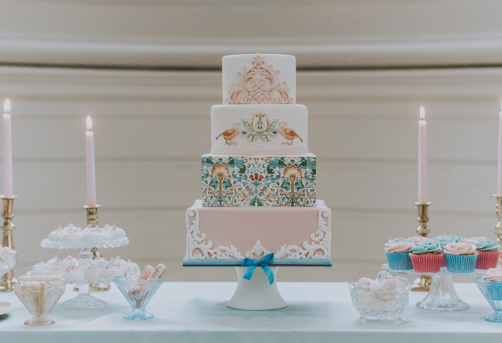 Vintage Cake Painted Square Round Pink Green Red Birds Wes Anderson William Morris Wedding Ideas Jessica Hill Photography
