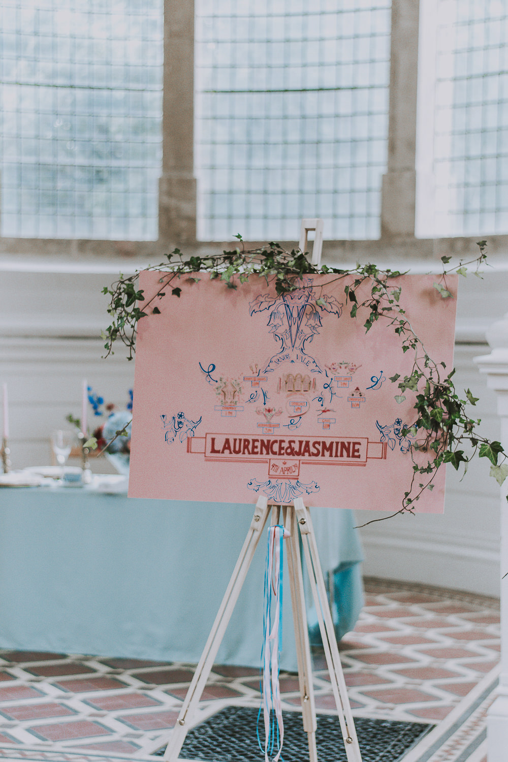 Illustrated Painted Order of the Day Sign Signage Pink Red Wes Anderson William Morris Wedding Ideas Jessica Hill Photography
