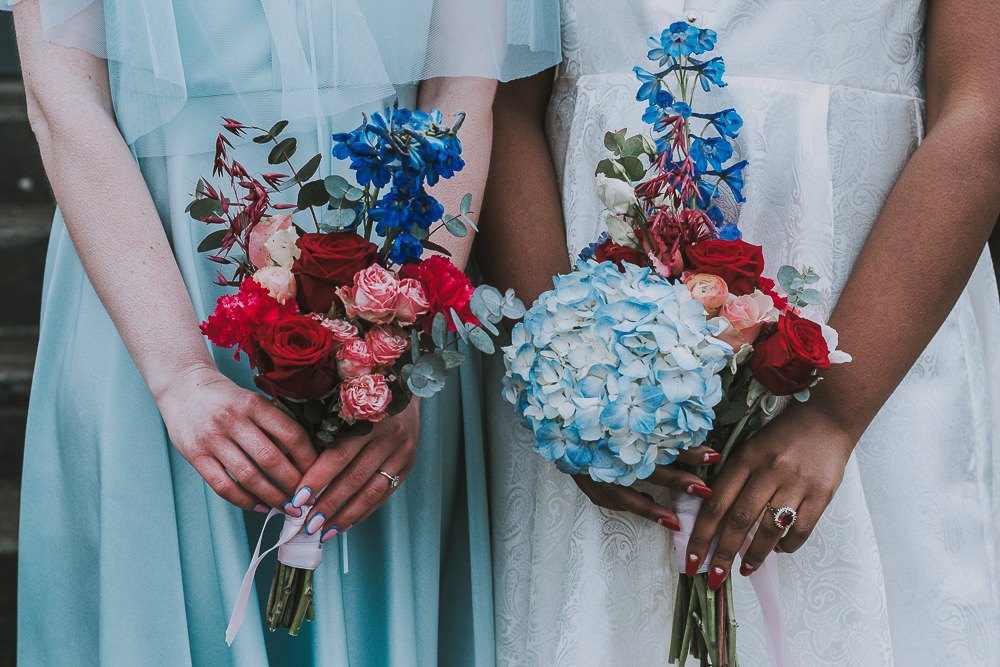 Bride Bridal Bouquet Flowers Pink Blue Red Hydrangea Rose Wes Anderson William Morris Wedding Ideas Jessica Hill Photography