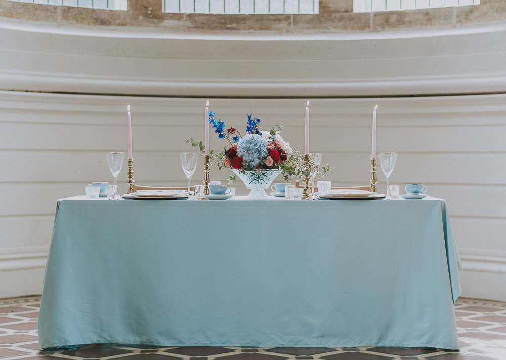 Table Tablescape Decor Decoration Blue Cloth Pink Candles Gold Flowers Wes Anderson William Morris Wedding Ideas Jessica Hill Photography