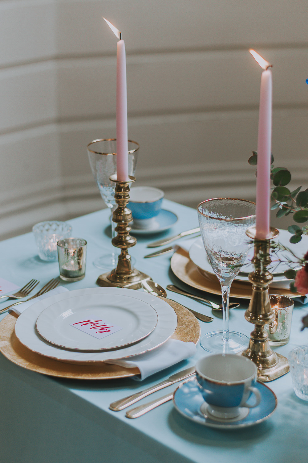 Table Tablescape Decor Decoration Blue Cloth Pink Candles Gold Flowers Wes Anderson William Morris Wedding Ideas Jessica Hill Photography