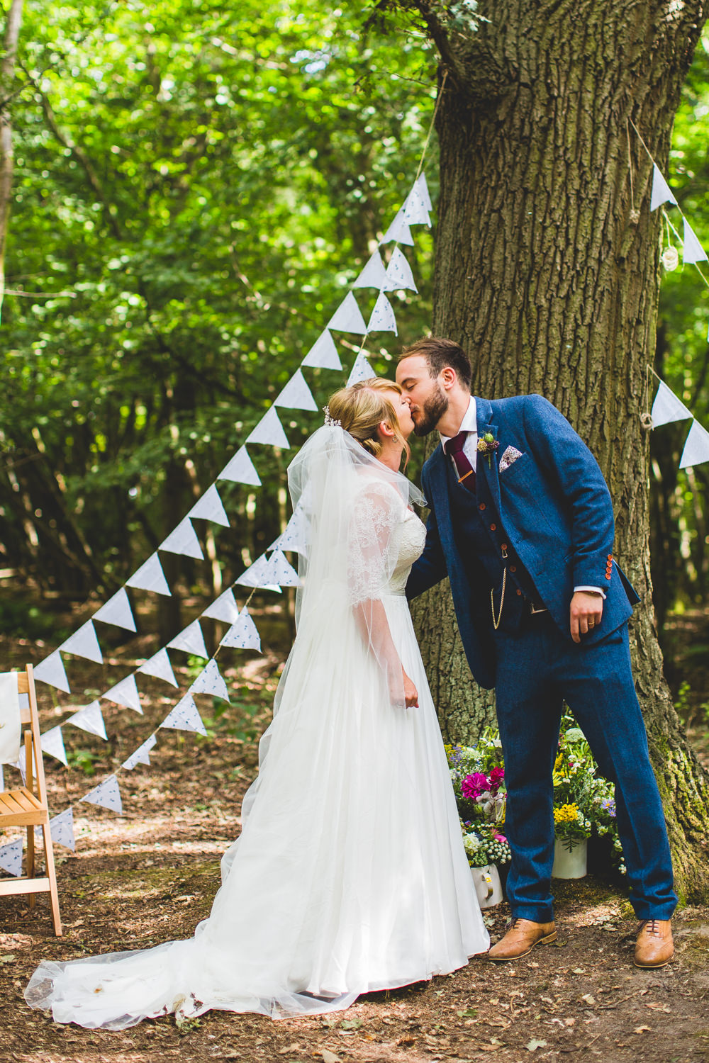 Bride Bridal Dress Gown V Neck Lace Sleeve Layered Veil Three Piece Tweed Groom Bunting Wise Wedding Venue Livvy Hukins Photography