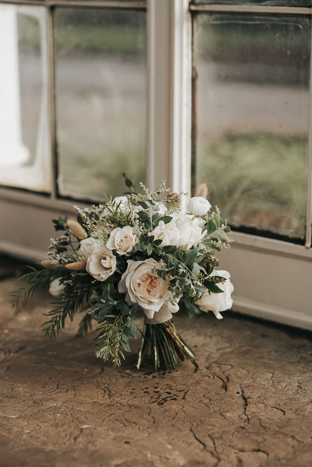 Bouquet Flowers Bride Bridal White Roses Greenery Foliage Wollaton Hall Wedding Pear and Bear Photography
