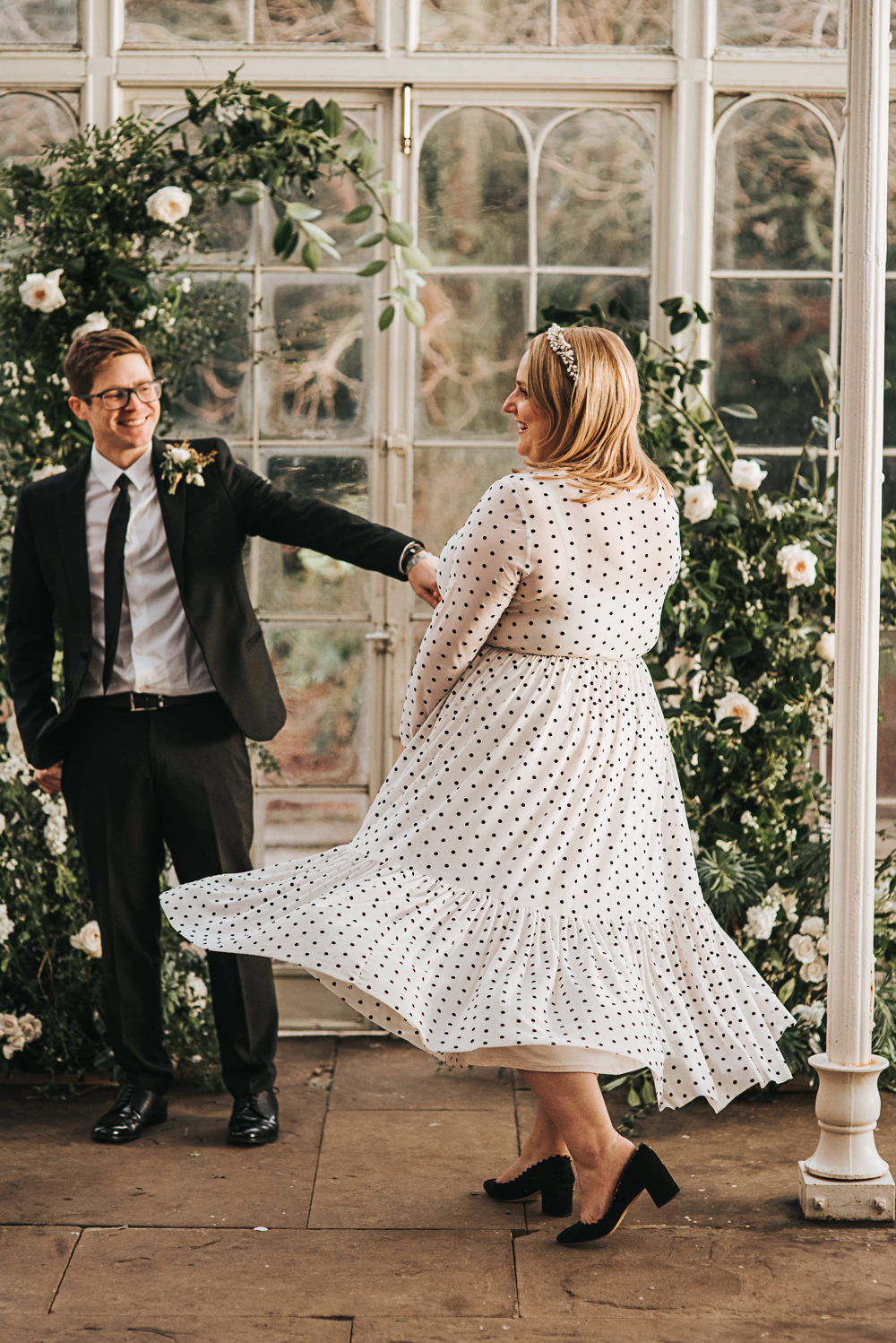 Dress Gown Bride Bridal Polka Dot Short Sleeves Wollaton Hall Wedding Pear and Bear Photography