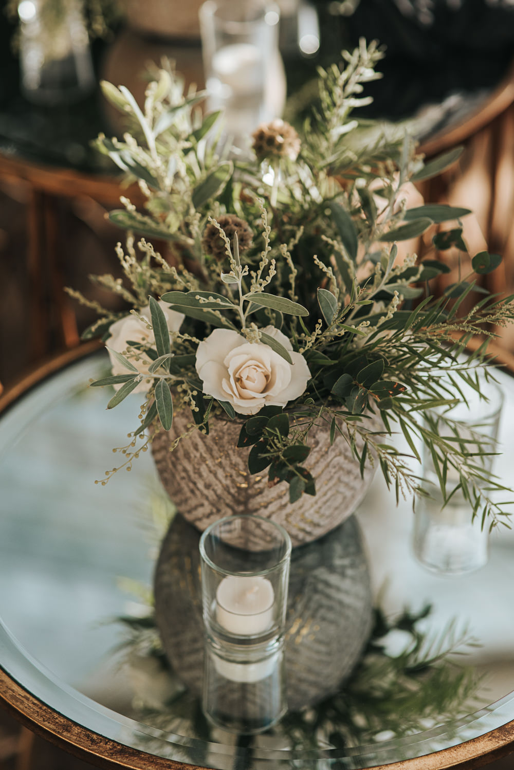 Table Flowers Rose Greenery Foliage Wollaton Hall Wedding Pear and Bear Photography