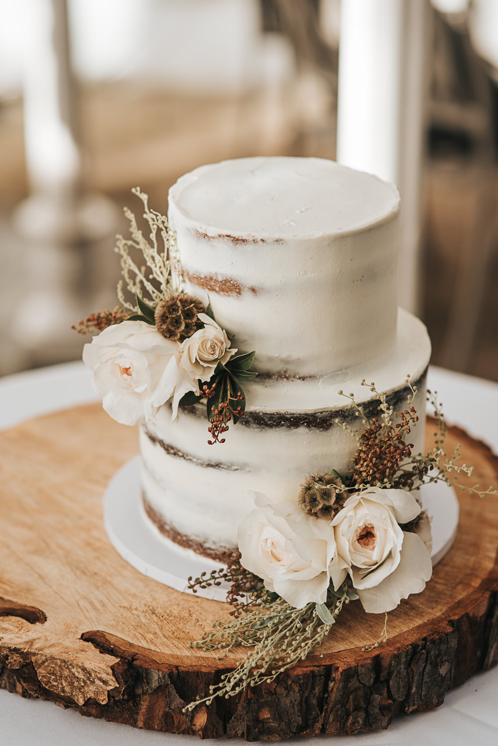 Semi Naked Cake Buttercream Flowers Log Slice Stand Wollaton Hall Wedding Pear and Bear Photography