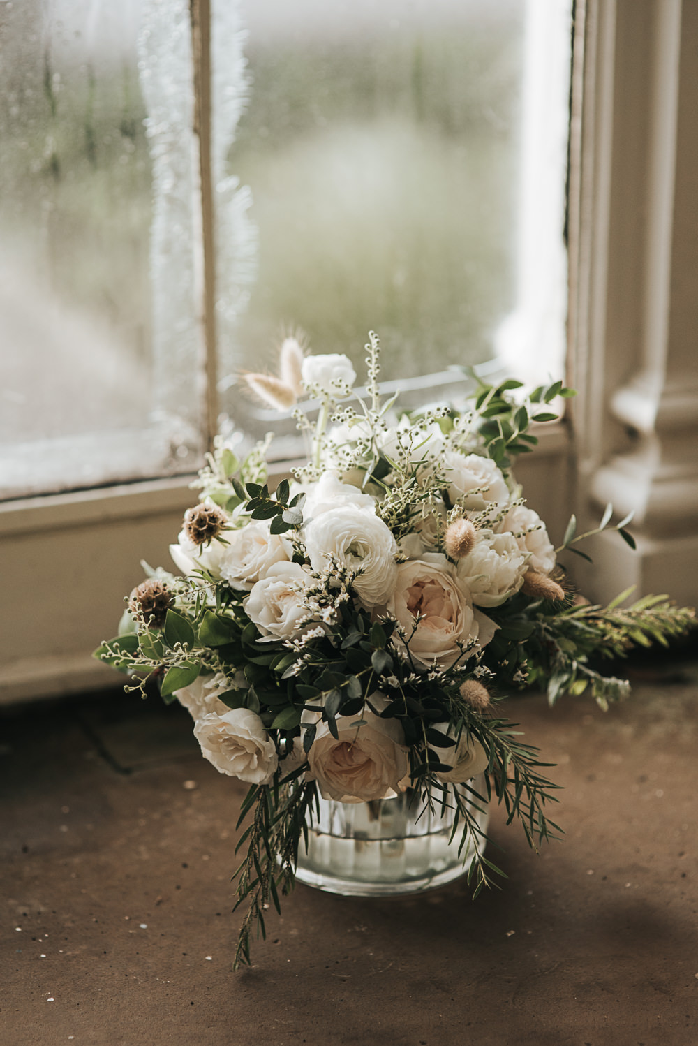 Bouquet Flowers Bride Bridal White Roses Greenery Foliage Ranunculus Wollaton Hall Wedding Pear and Bear Photography