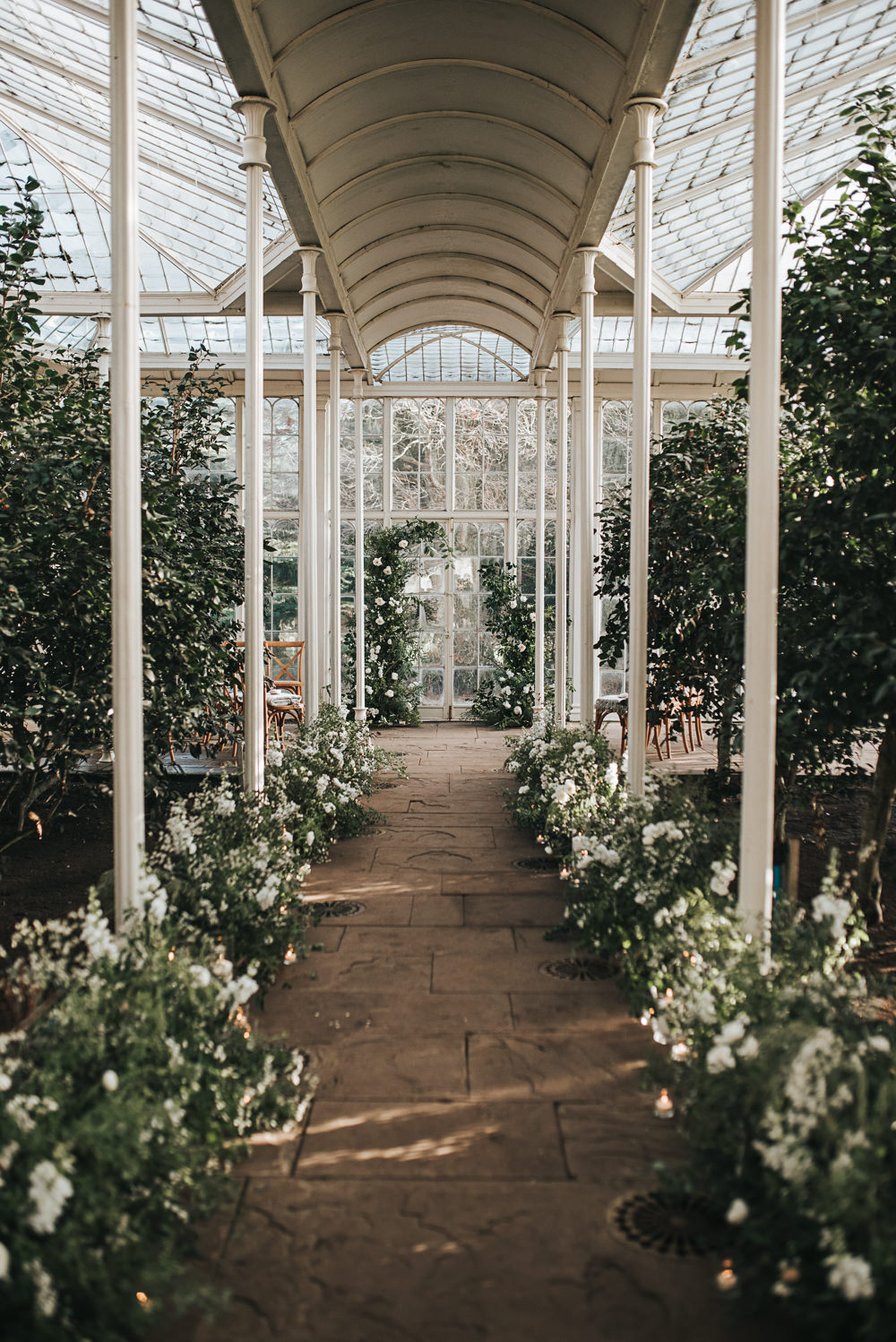 Aisle Flowers Greenery Foliage Meadow Candles Ceremony Wollaton Hall Wedding Pear and Bear Photography