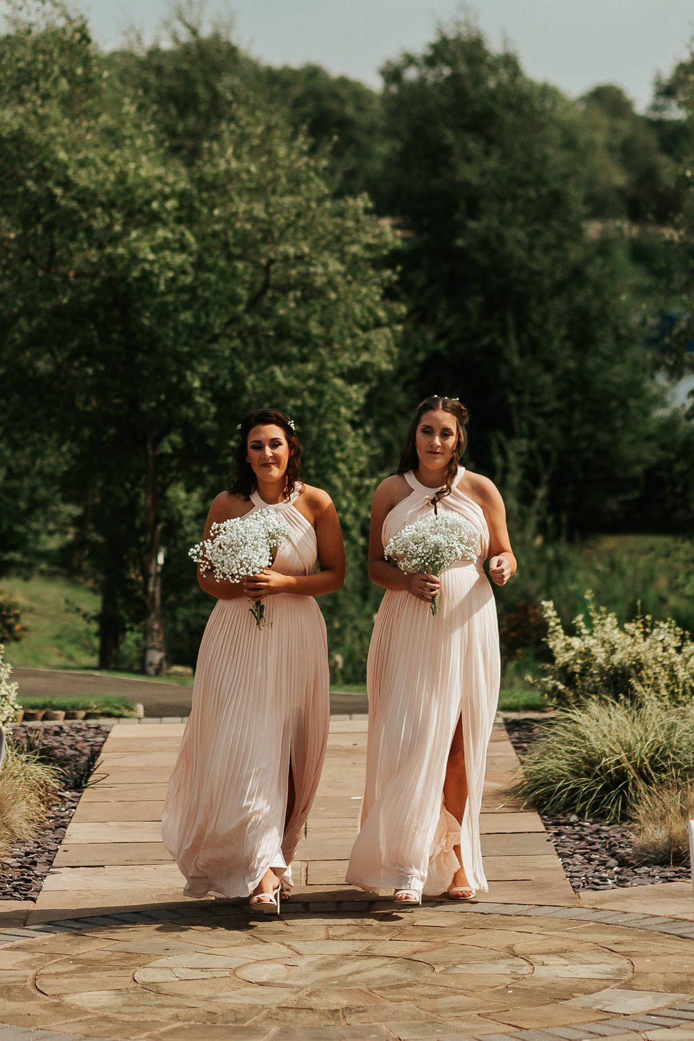 Pink Pleated Halter Neck Bridesmaids Dresses Gypsophila Bouquet Aston Marina Wedding Photography By Charli