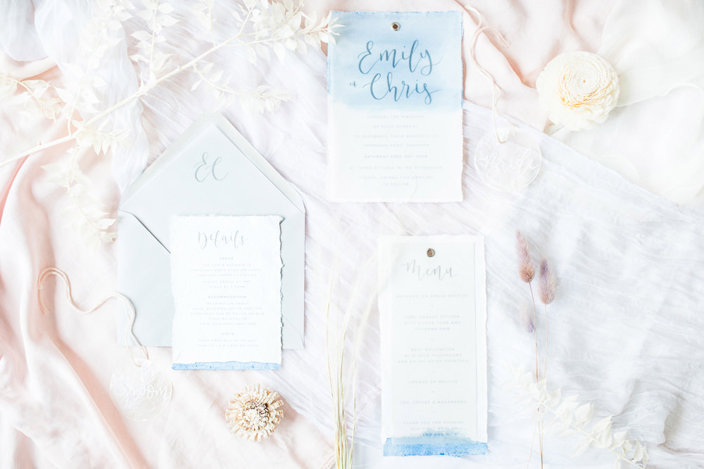 Stationery Invites Invitations Watercolour Blue Boho Beach Wedding Ideas Sarah Hoyle Photography