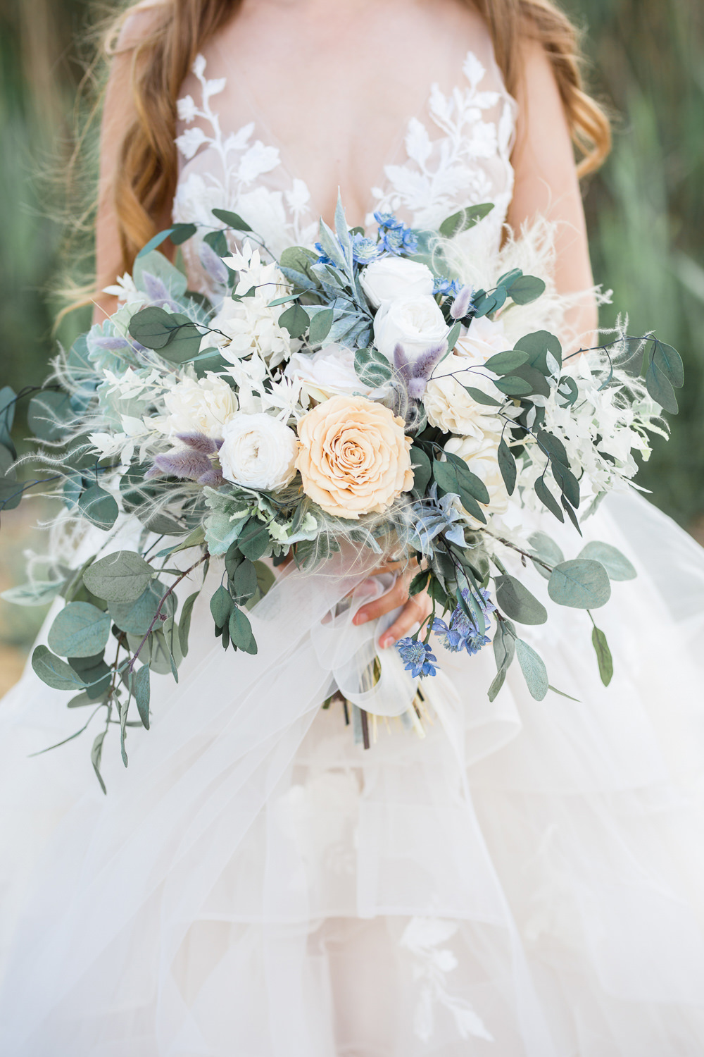 Bouquet Flowers Bride Bridal Thistle Blue Blush Rose Eucalyptus Boho Beach Wedding Ideas Sarah Hoyle Photography