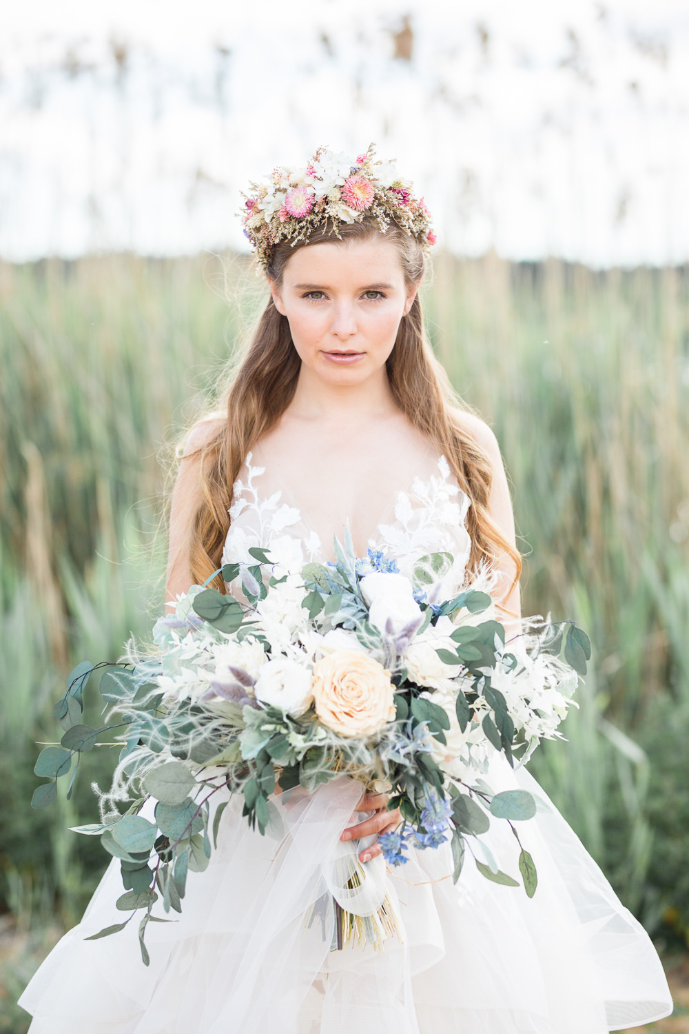 Bouquet Flowers Bride Bridal Thistle Blue Blush Rose Eucalyptus Boho Beach Wedding Ideas Sarah Hoyle Photography