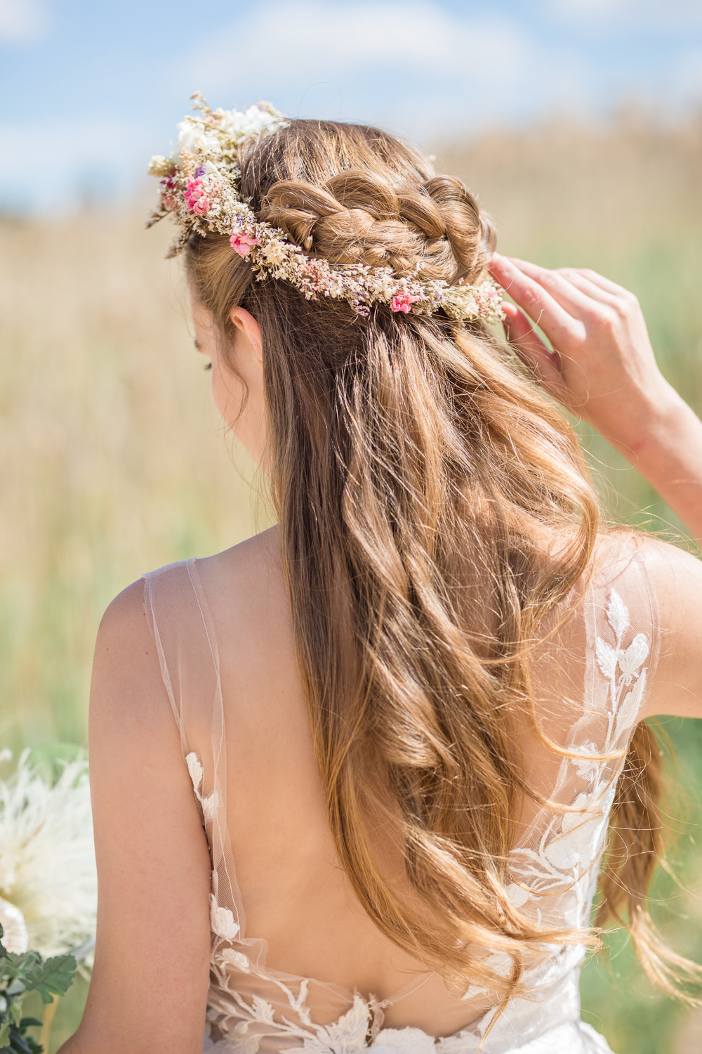 Bride Bridal Hair Plait Braid Halo Up Do Style Boho Beach Wedding Ideas Sarah Hoyle Photography