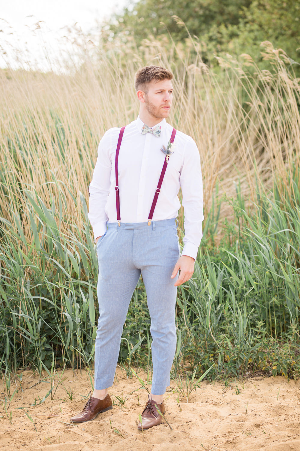 Groom Blue Trousers Braces Bow Tie Loafers Boho Beach Wedding Ideas Sarah Hoyle Photography