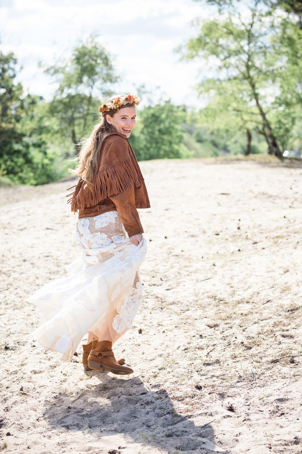 Bride Bridal Dress Gown Lace Underlay Train Floral Tassel Fringe Jacket Boots Boho Beach Wedding Ideas Sarah Hoyle Photography