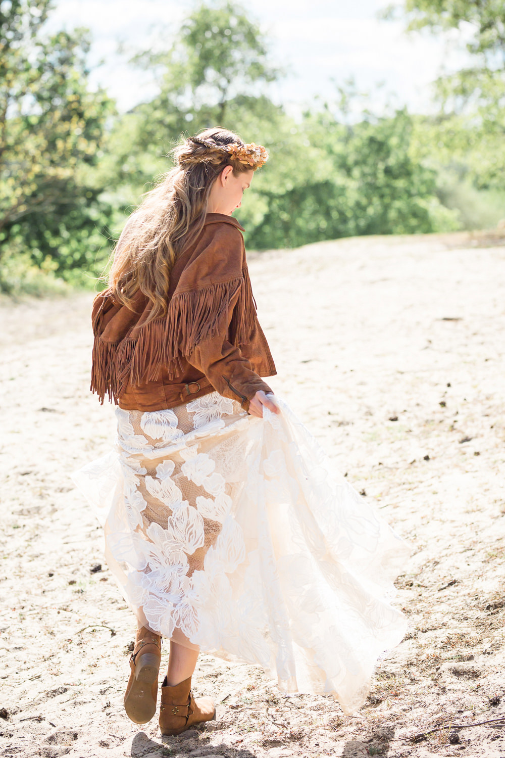 Bride Bridal Dress Gown Lace Underlay Train Floral Tassel Fringe Jacket Boots Boho Beach Wedding Ideas Sarah Hoyle Photography