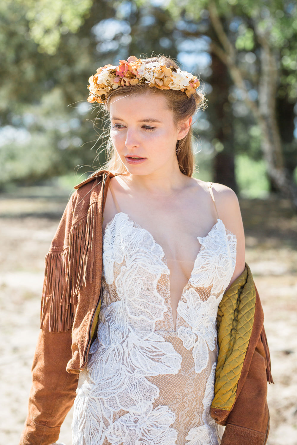 Bride Bridal Dress Gown Lace Underlay Train Floral Tassel Fringe Jacket Boots Boho Beach Wedding Ideas Sarah Hoyle Photography