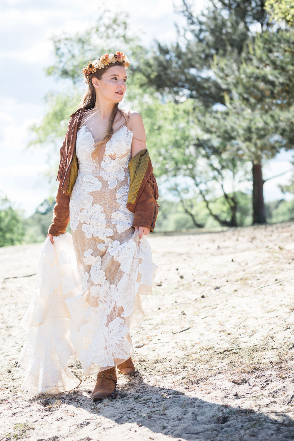 Bride Bridal Dress Gown Lace Underlay Train Floral Tassel Fringe Jacket Boots Boho Beach Wedding Ideas Sarah Hoyle Photography