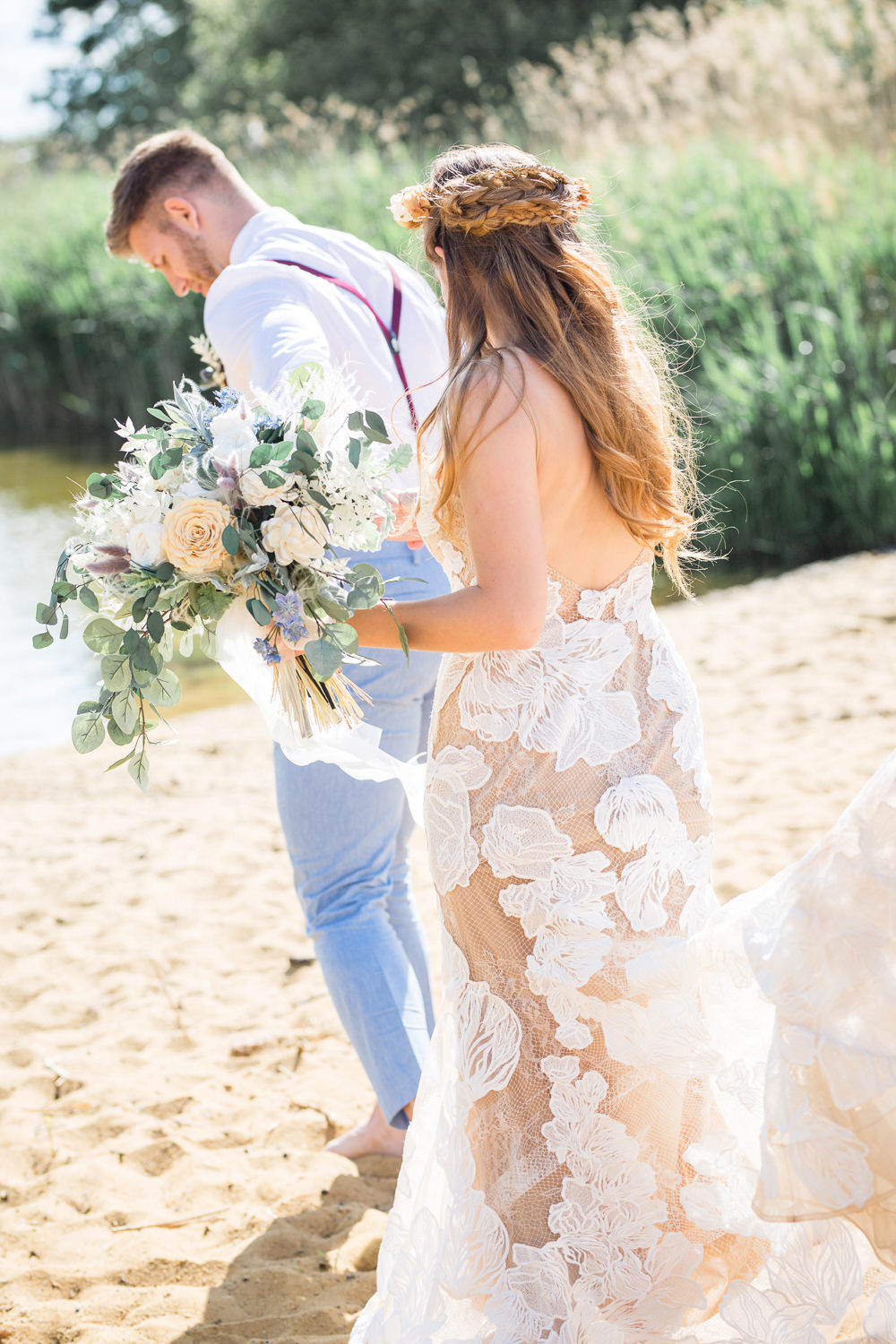 Bride Bridal Dress Gown Lace Underlay Train Floral Boho Beach Wedding Ideas Sarah Hoyle Photography