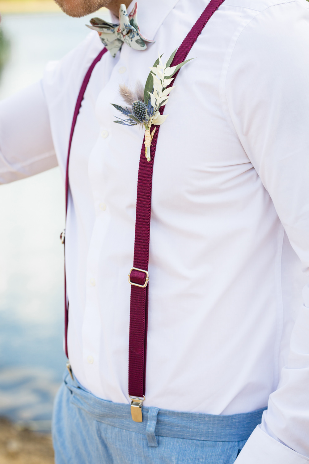 Groom Braces Buttonhole Flowers Thistle Boho Beach Wedding Ideas Sarah Hoyle Photography