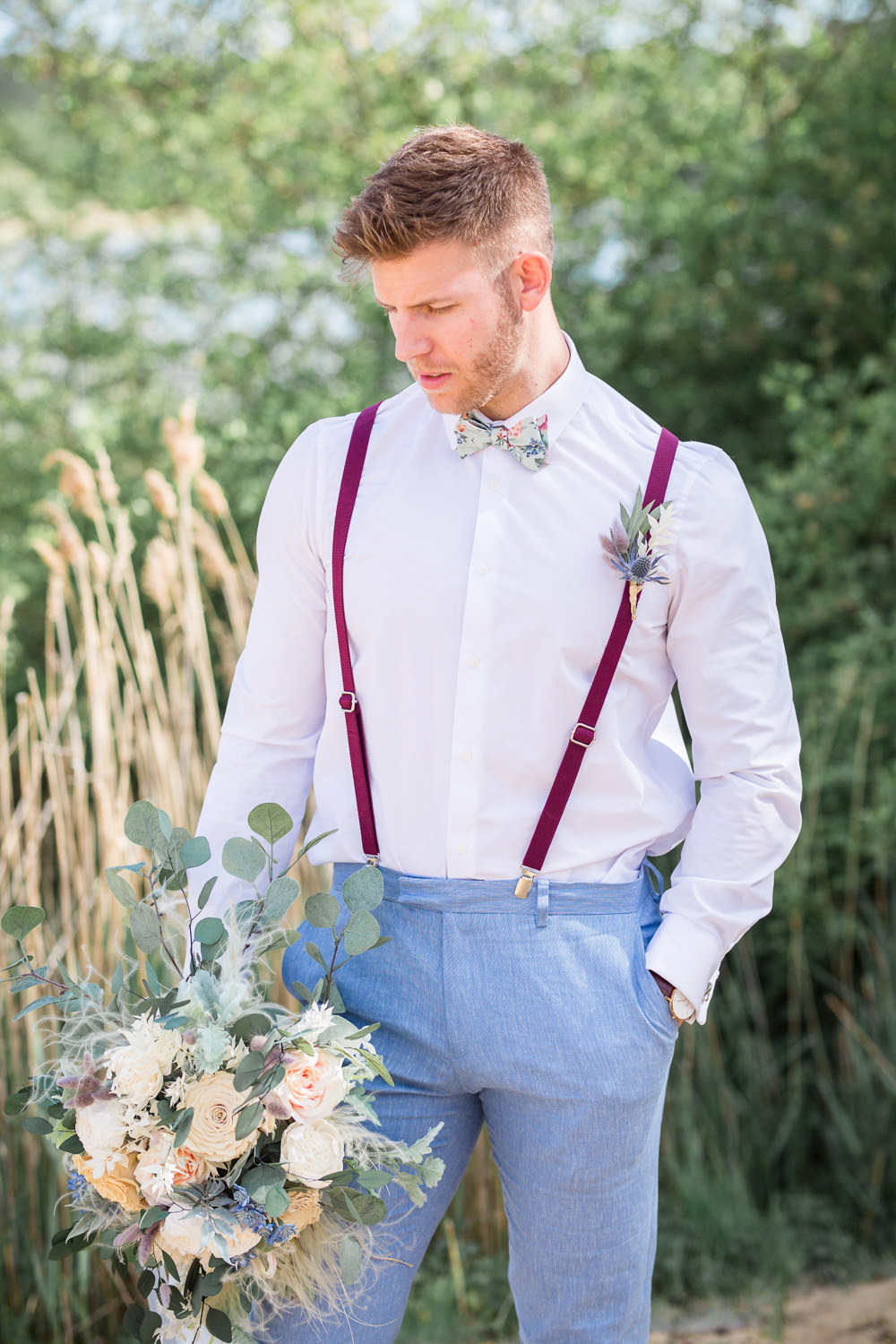 Groom Blue Trousers Braces Bow Tie Loafers Boho Beach Wedding Ideas Sarah Hoyle Photography
