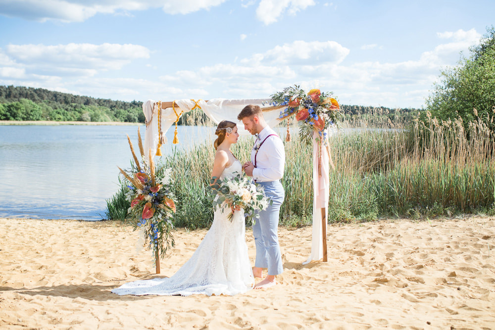 Arbour Flower Arch Backdrop Flowers Pampas Grass Tassels Boho Beach Wedding Ideas Sarah Hoyle Photography