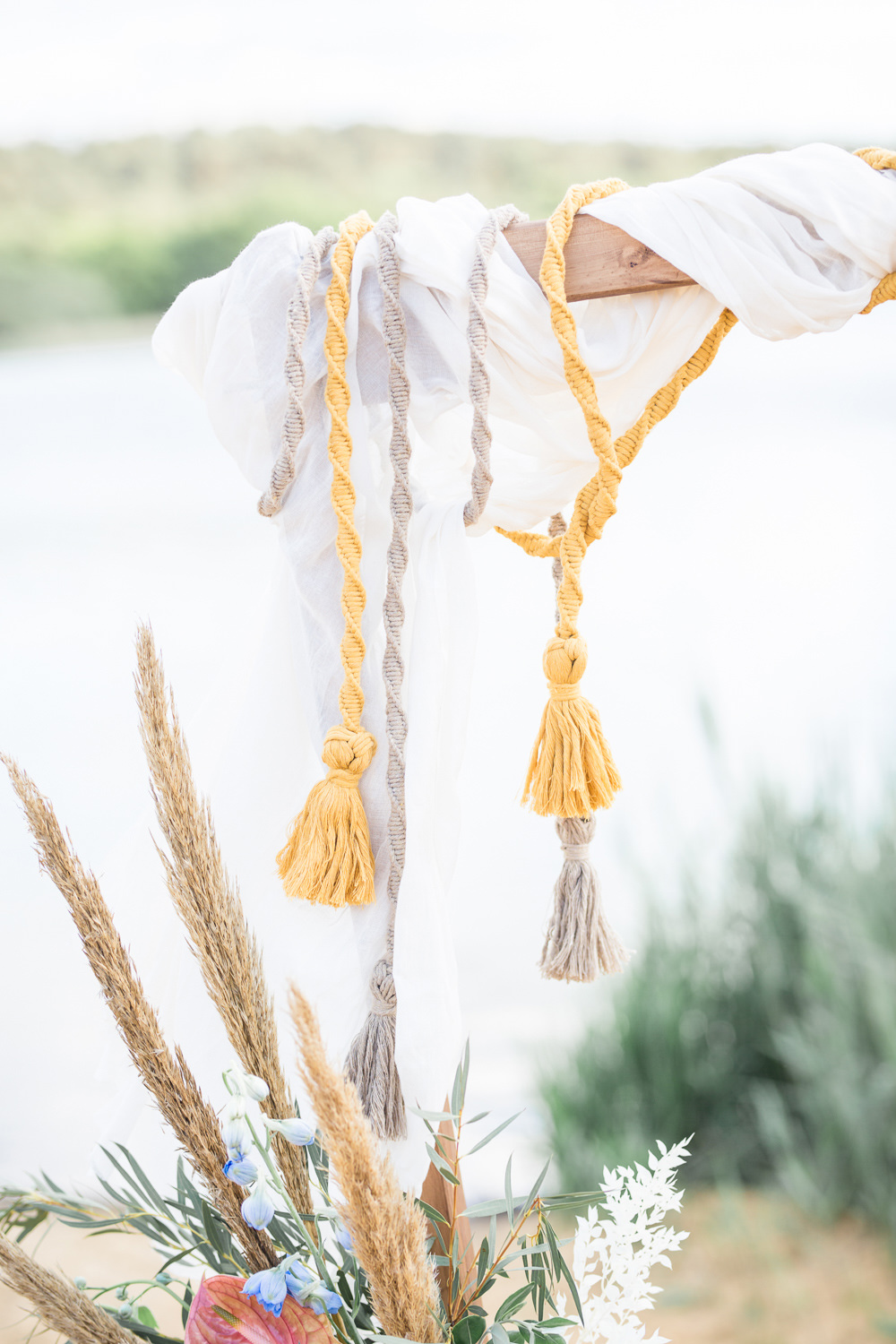 Arbour Flower Arch Backdrop Flowers Pampas Grass Tassels Boho Beach Wedding Ideas Sarah Hoyle Photography