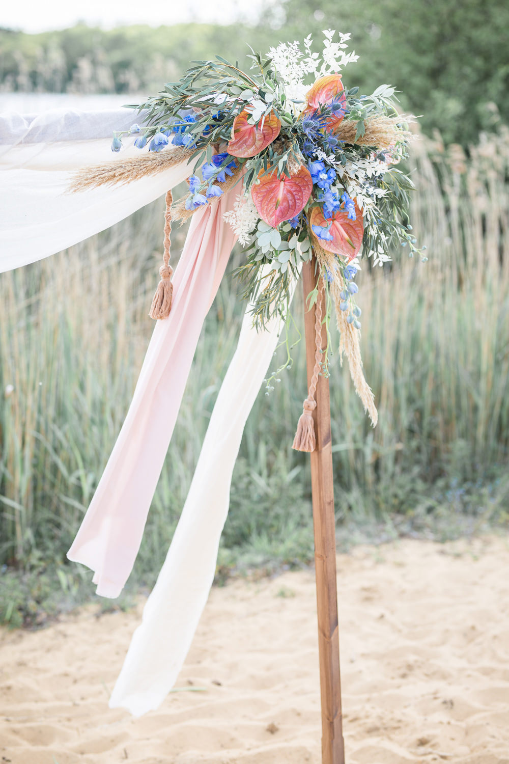 Arbour Flower Arch Backdrop Flowers Pampas Grass Tassels Boho Beach Wedding Ideas Sarah Hoyle Photography
