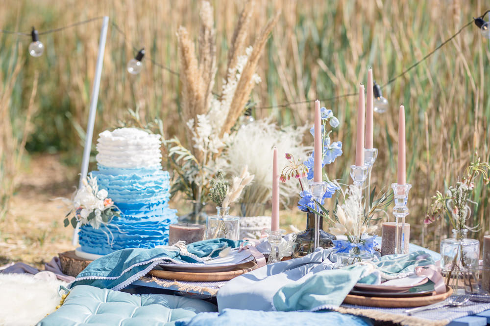 Table Tablescape Picnic Pampas Grass Candles Blue Blush Decor Decoration Boho Beach Wedding Ideas Sarah Hoyle Photography