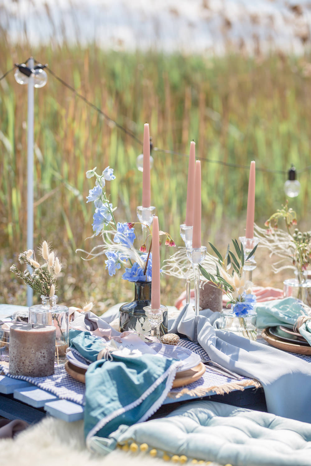 Table Tablescape Picnic Pampas Grass Candles Blue Blush Decor Decoration Boho Beach Wedding Ideas Sarah Hoyle Photography