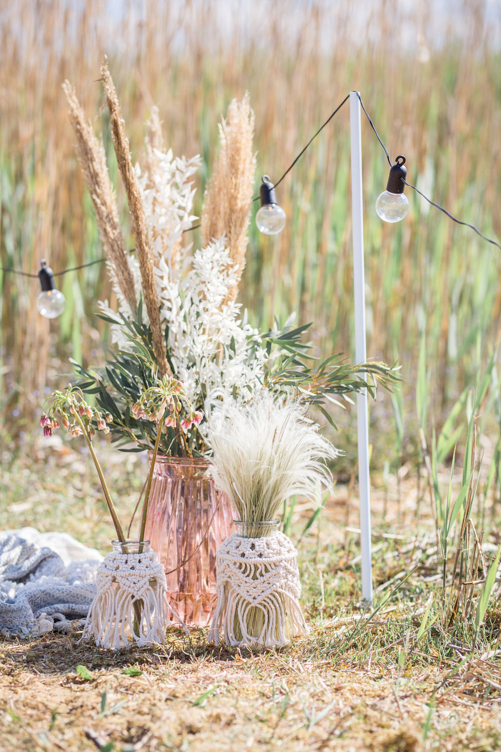 Table Tablescape Picnic Pampas Grass Candles Blue Blush Decor Decoration Boho Beach Wedding Ideas Sarah Hoyle Photography