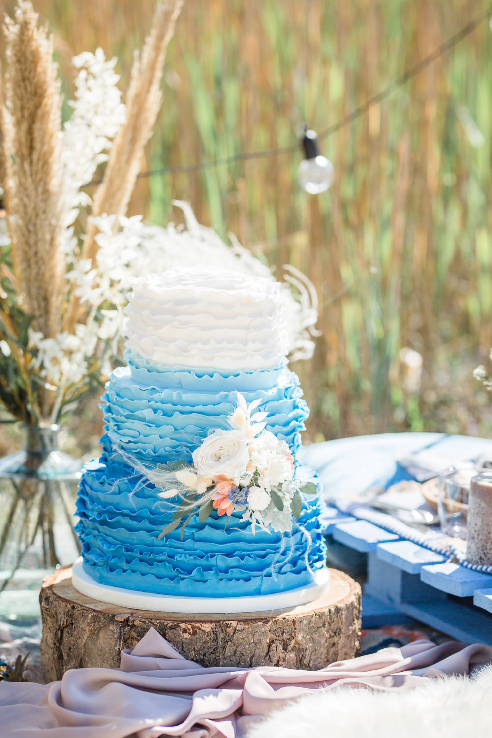 Blue White Ombre Ruffle Cake Flowers Boho Beach Wedding Ideas Sarah Hoyle Photography