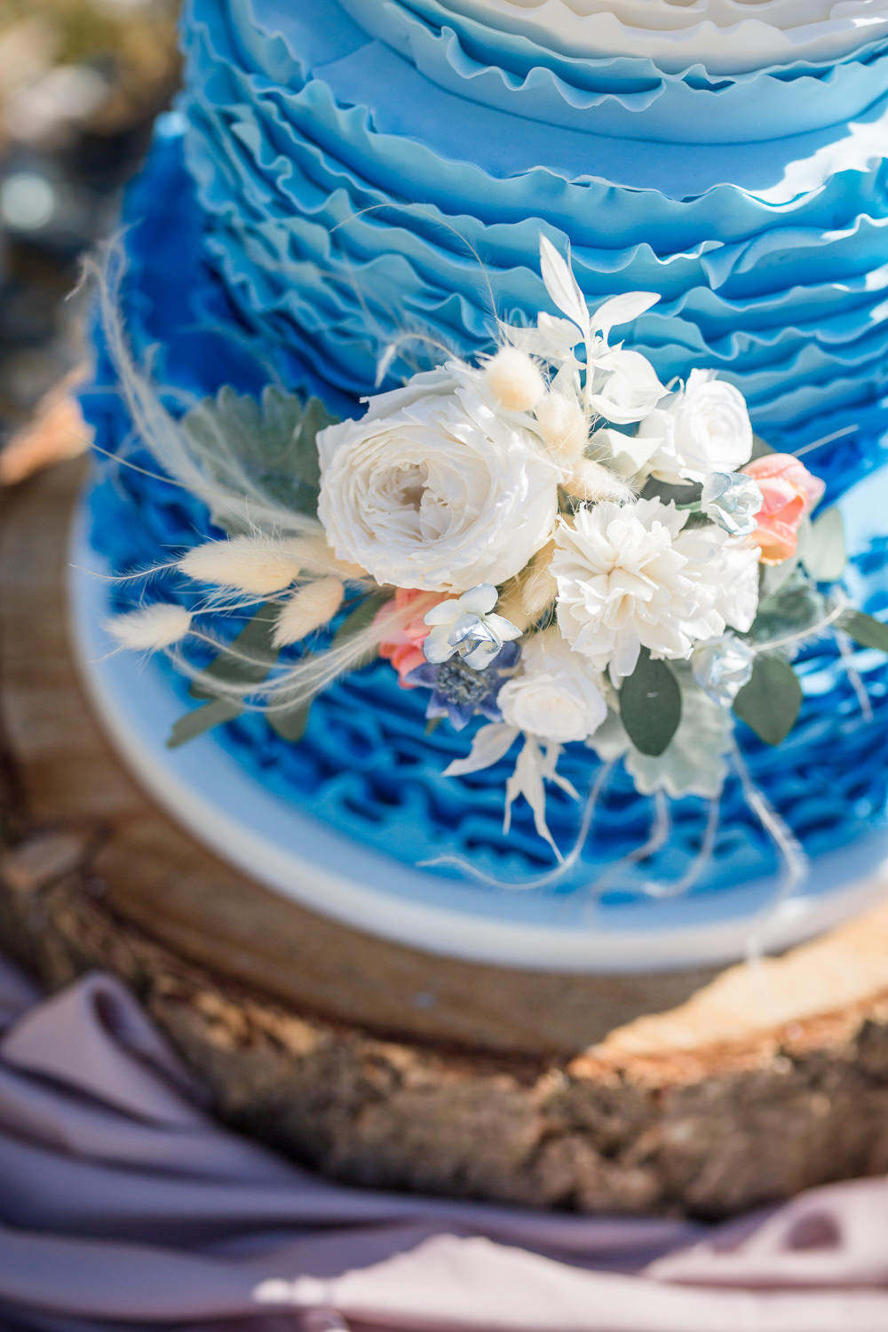 Blue White Ombre Ruffle Cake Flowers Boho Beach Wedding Ideas Sarah Hoyle Photography