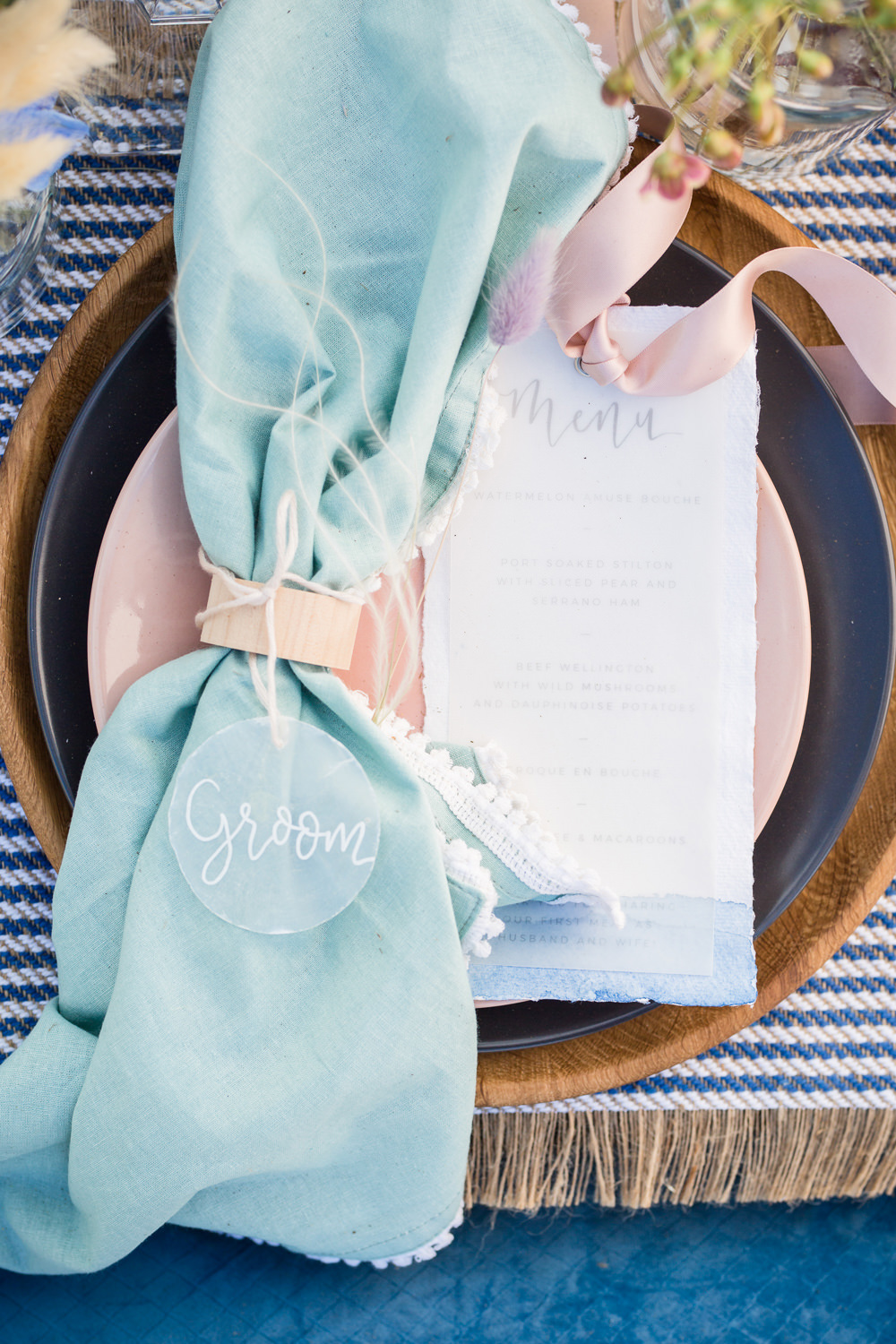 Place Setting Napkin Place Name Shell Glass Acrylic Perspex Boho Beach Wedding Ideas Sarah Hoyle Photography