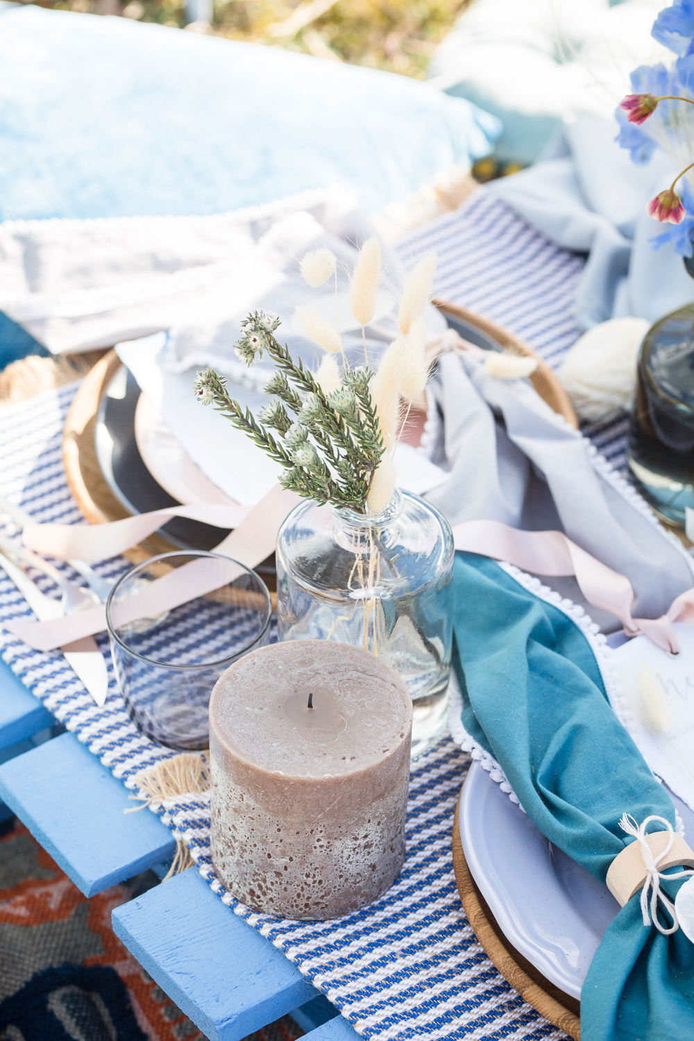 Table Tablescape Picnic Pampas Grass Candles Blue Blush Decor Decoration Boho Beach Wedding Ideas Sarah Hoyle Photography