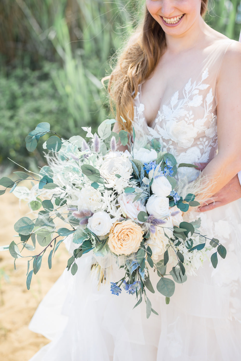 Bouquet Flowers Bride Bridal Thistle Blue Blush Rose Eucalyptus Boho Beach Wedding Ideas Sarah Hoyle Photography