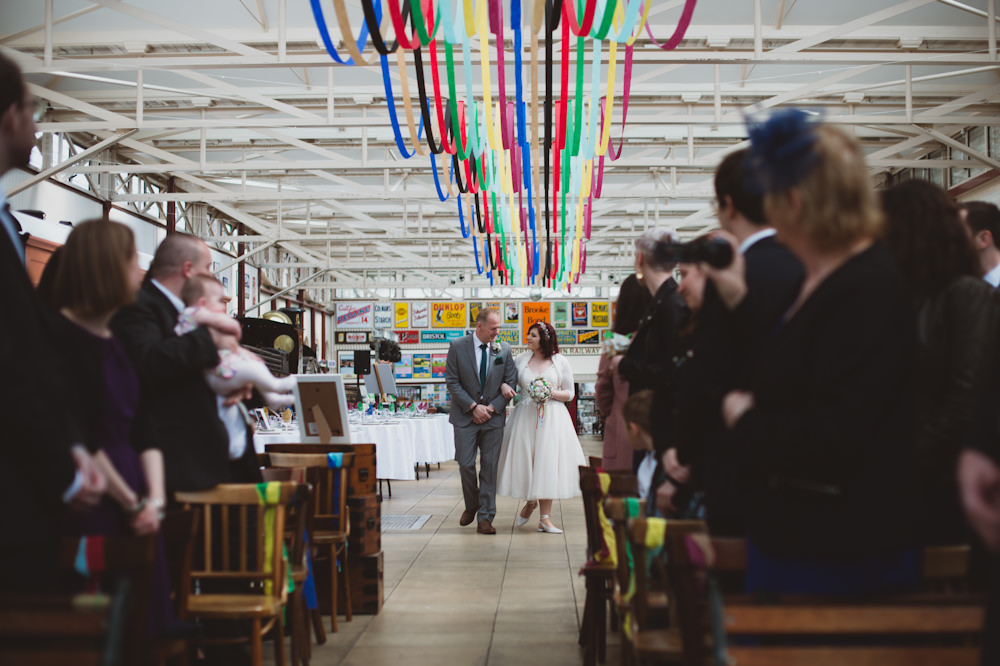 Rainbow Colourful Ribbon Streamer Ceiling Decor Buckinghamshire Railway Centre Wedding Sasha Weddings