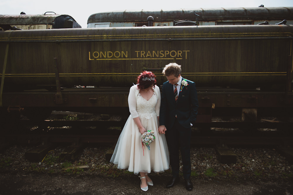 Short Dress Gown Bride Bridal Tea Length Lace Sleeves Cardigan Buckinghamshire Railway Centre Wedding Sasha Weddings