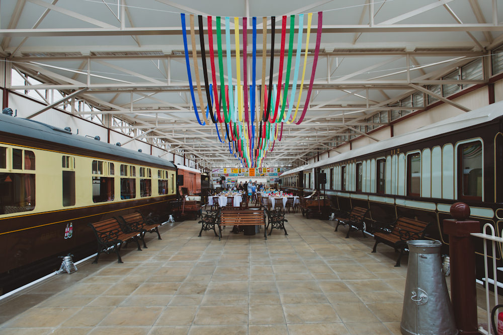 Rainbow Colourful Ribbon Streamer Ceiling Decor Buckinghamshire Railway Centre Wedding Sasha Weddings