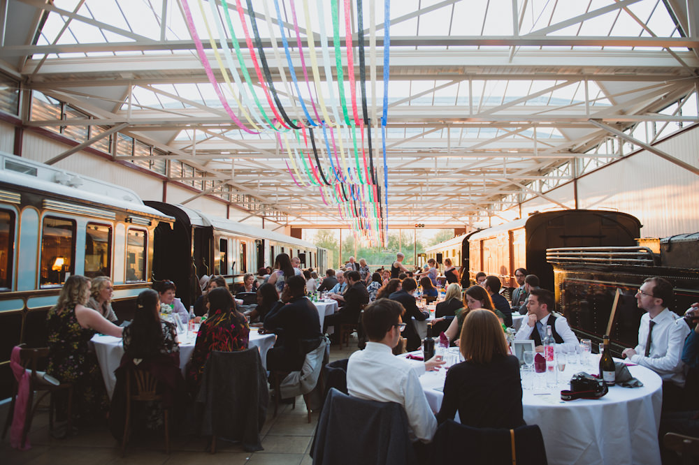 Rainbow Colourful Ribbon Streamer Ceiling Decor Buckinghamshire Railway Centre Wedding Sasha Weddings